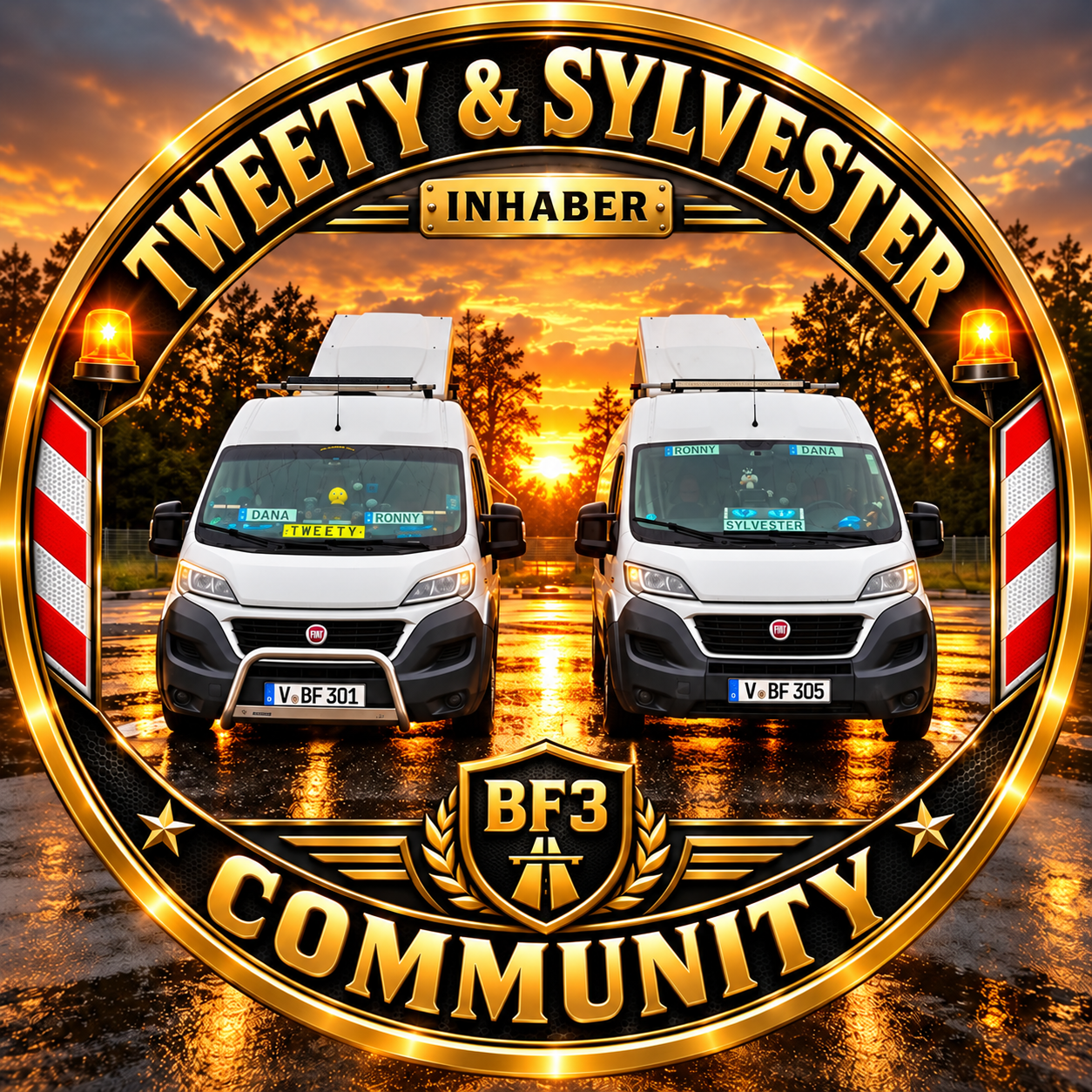 Tweety und Sylvester – Inhaber der BF3 Community, mit ihren beiden weißen Begleitfahrzeugen