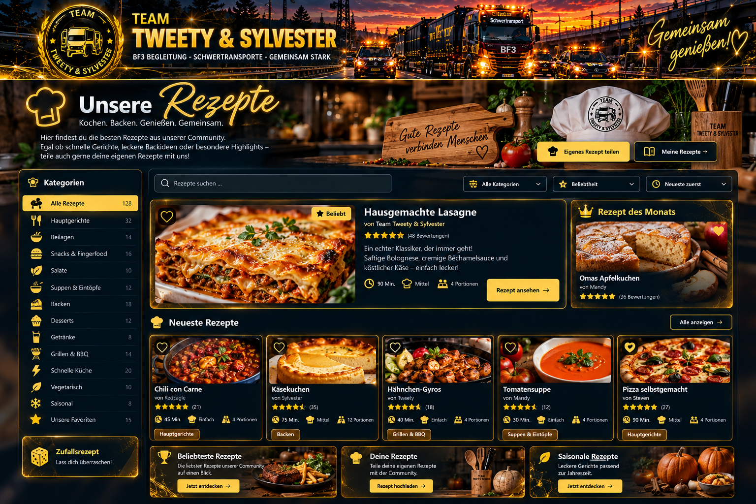 Team Tweety & Sylvester – BF3 Begleitung, Schwertransporte, gemeinsam stark. Gemeinsam genießen! Unsere Rezepte – Kochen. Backen. Genießen. Gemeinsam.